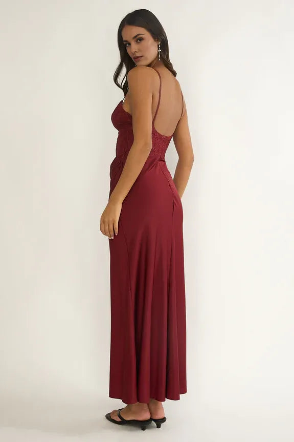 Spaghetti Straps Draped Waist Lace Top Wine Maxi Evening Dress For Sale