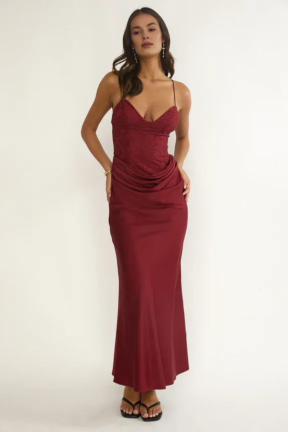 Spaghetti Straps Draped Waist Lace Top Wine Maxi Evening Dress For Sale