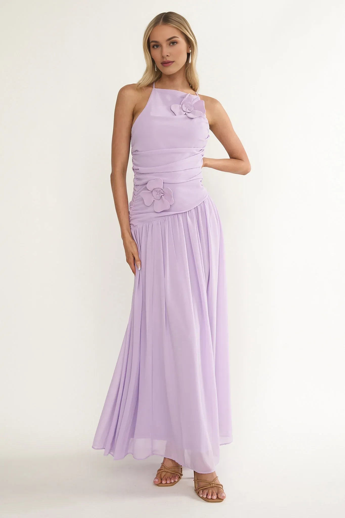 Spaghetti Straps Drop Waist Flower Accent Butter Maxi Evening Dress
