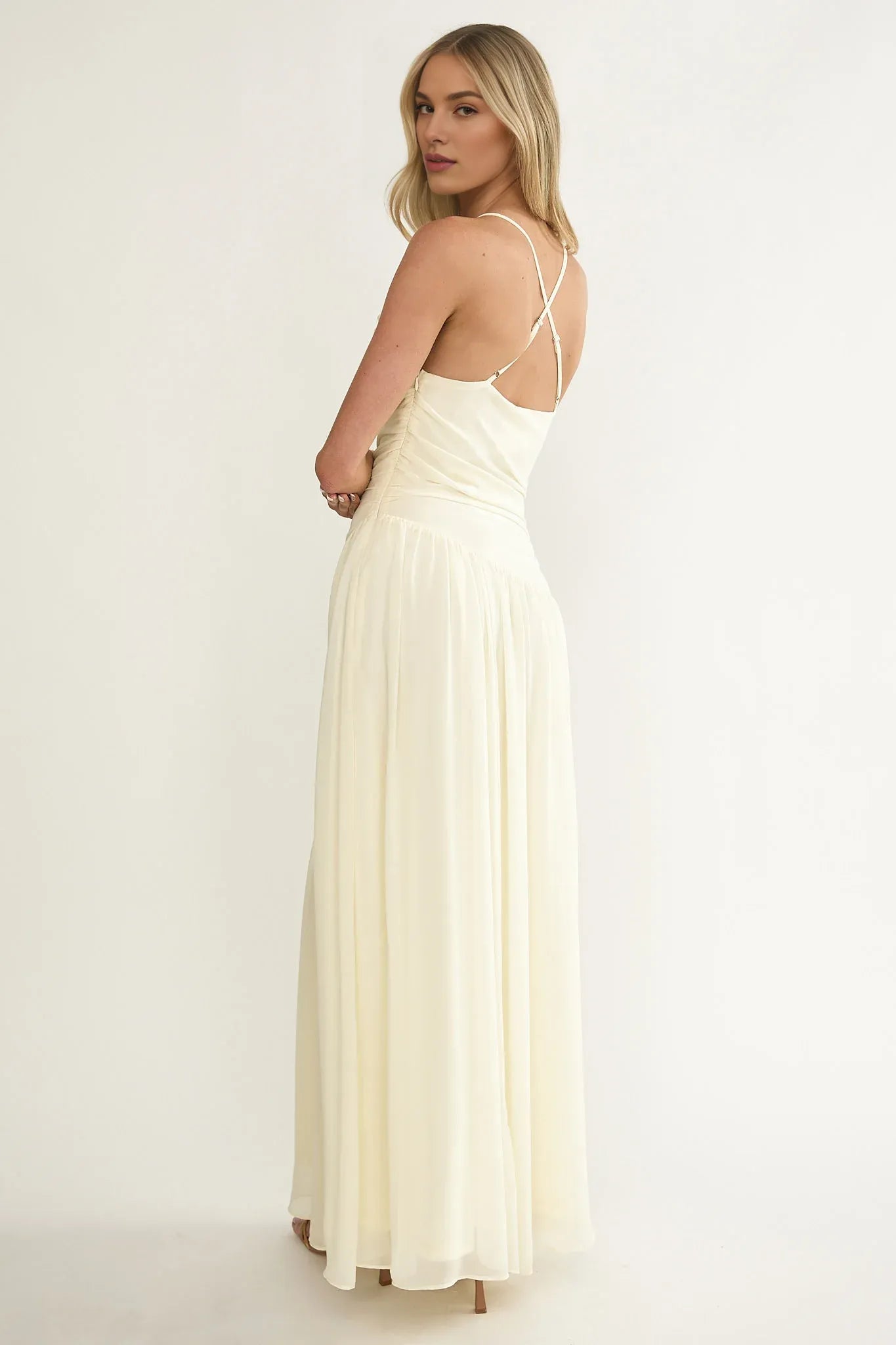 Spaghetti Straps Drop Waist Flower Accent Butter Maxi Evening Dress