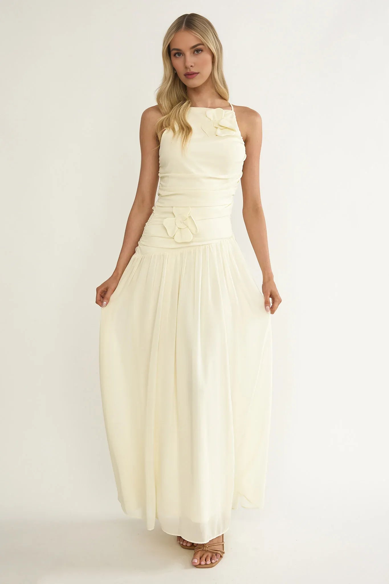 Spaghetti Straps Drop Waist Flower Accent Butter Maxi Evening Dress