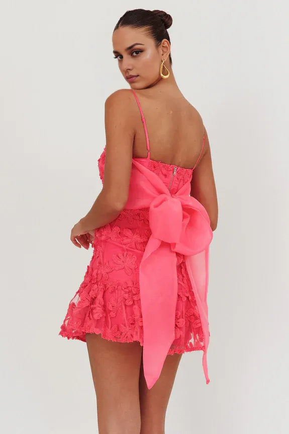 Spaghetti Straps Embellished Palm Tree Pink Mini Homecoming Dress With Bow