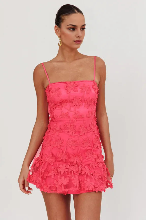 Spaghetti Straps Embellished Palm Tree Pink Mini Homecoming Dress With Bow