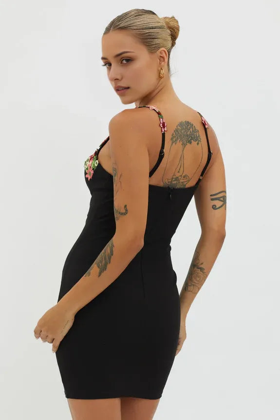 Spaghetti Straps Floral Applique Bodycon Black Mini Homecoming Dress