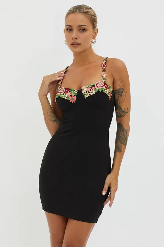 Spaghetti Straps Floral Applique Bodycon Black Mini Homecoming Dress