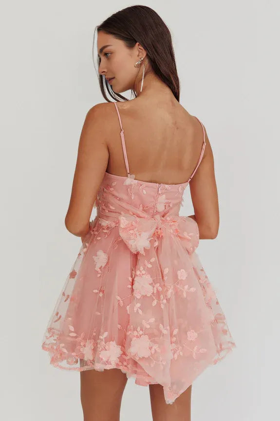Spaghetti Straps Floral Lace Embellishment Blush Mini Homecoming Dress With Bow