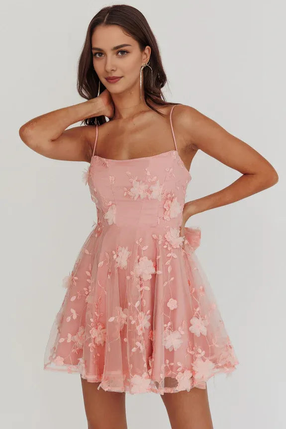 Spaghetti Straps Floral Lace Embellishment Blush Mini Homecoming Dress With Bow