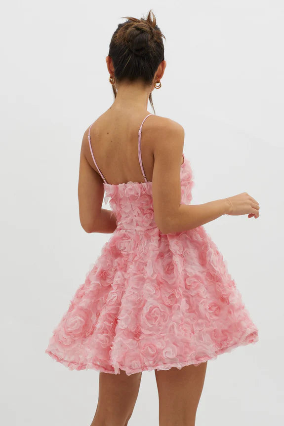 Spaghetti Straps Floral Mesh Embellished Pink Mini Homecoming Dress