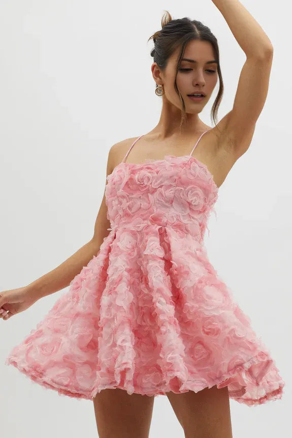 Spaghetti Straps Floral Mesh Embellished Pink Mini Homecoming Dress