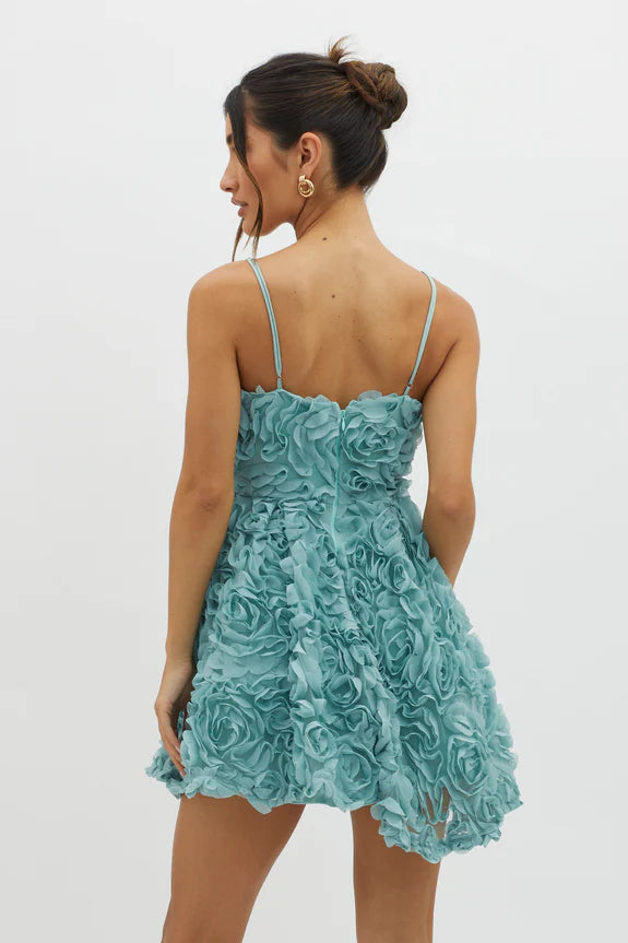 Spaghetti Straps Floral Mesh Embellished Sage Mini Homecoming Dress