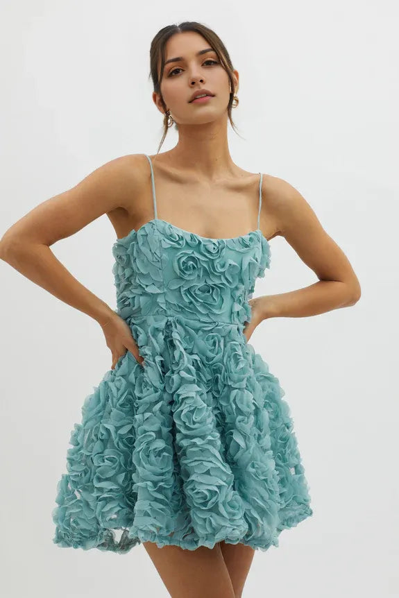 Spaghetti Straps Floral Mesh Embellished Sage Mini Homecoming Dress