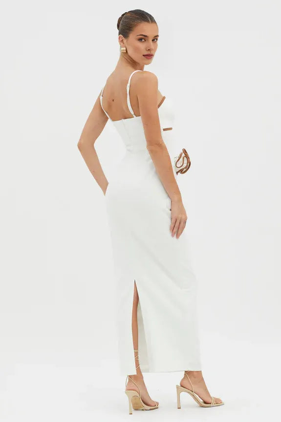 Spaghetti Straps Flower Decoration White Maxi Evening Dress With Slit