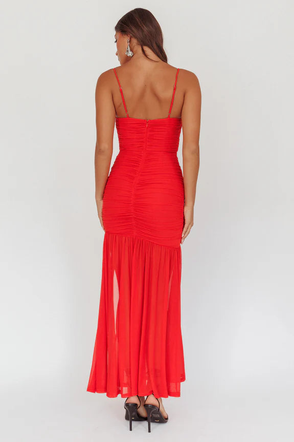 Spaghetti Straps Flowers Ruched Mesh Red Maxi Homecoming Dress Prom Dress