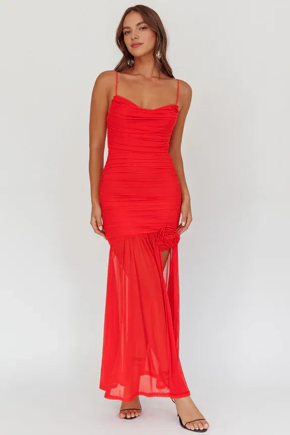Spaghetti Straps Flowers Ruched Mesh Red Maxi Homecoming Dress Prom Dress