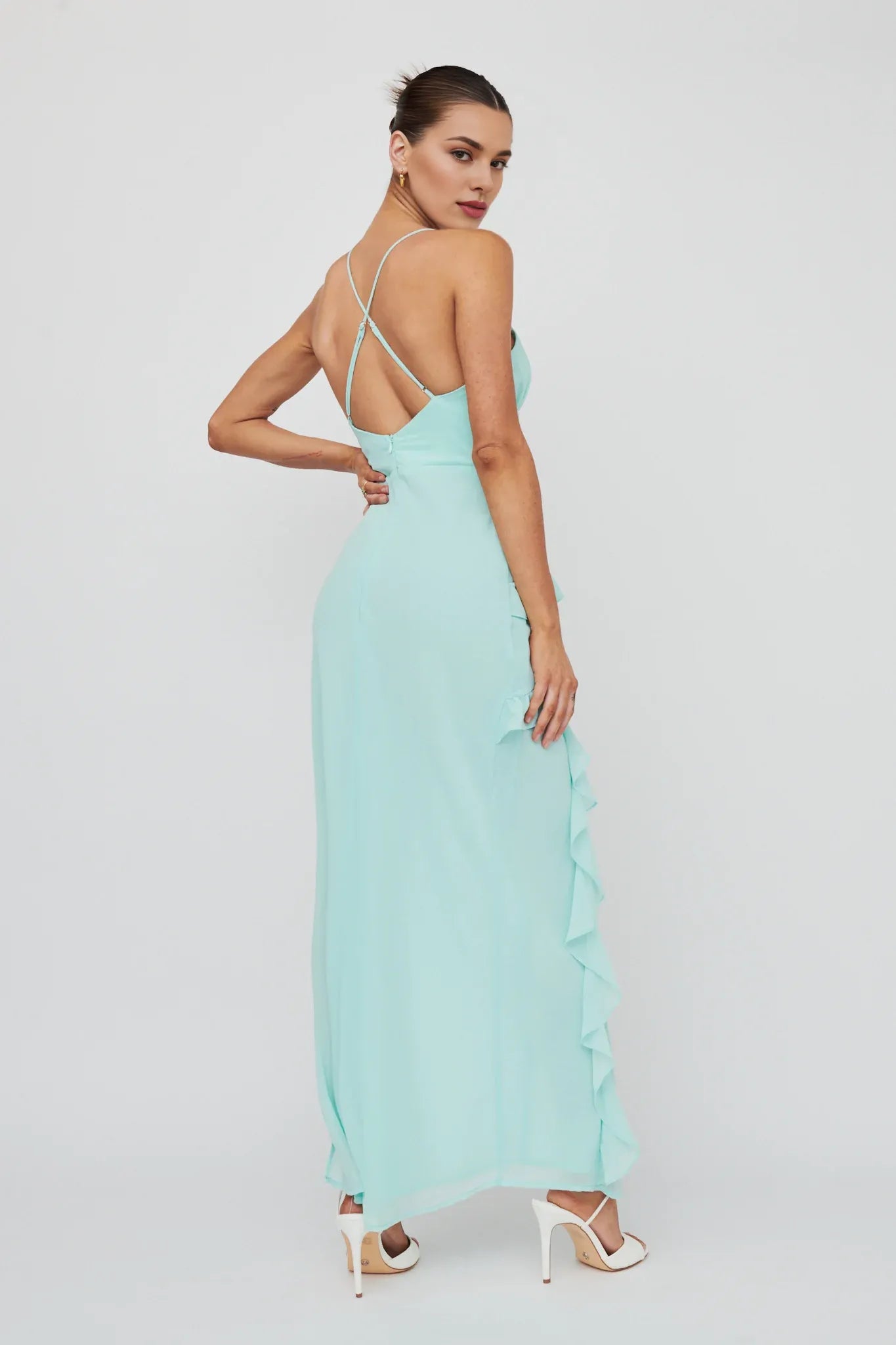 Spaghetti Straps Frill Trim Cut-Out Split Chiffon Mint Evening Dress