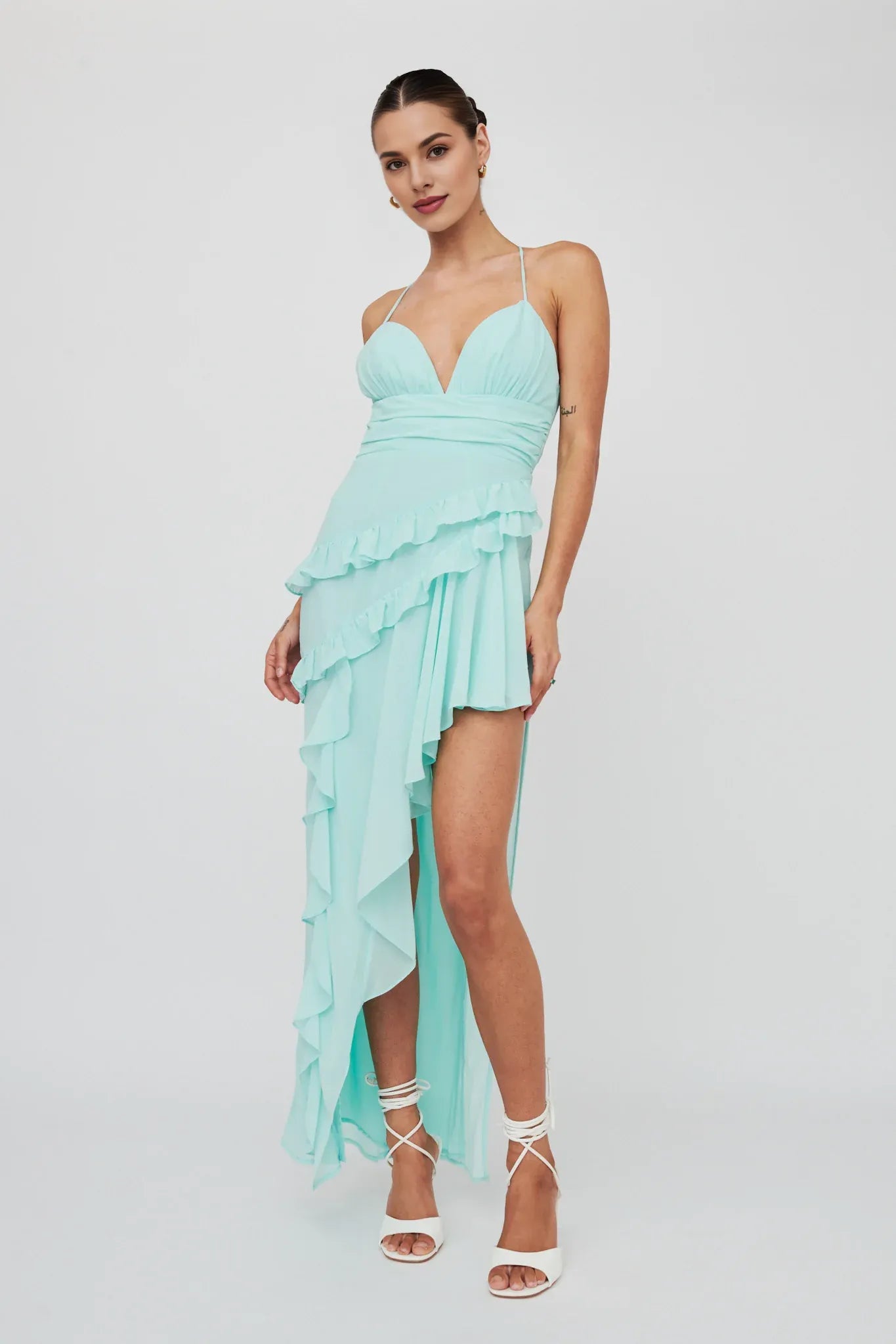 Spaghetti Straps Frill Trim Cut-Out Split Chiffon Mint Evening Dress