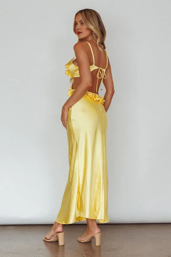 Spaghetti Straps Frill Trim Cutout Yellow Maxi Evening Dress Party Dress