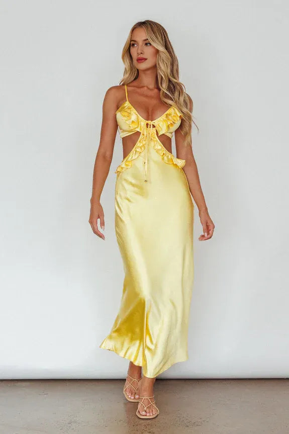 Spaghetti Straps Frill Trim Cutout Yellow Maxi Evening Dress Party Dress