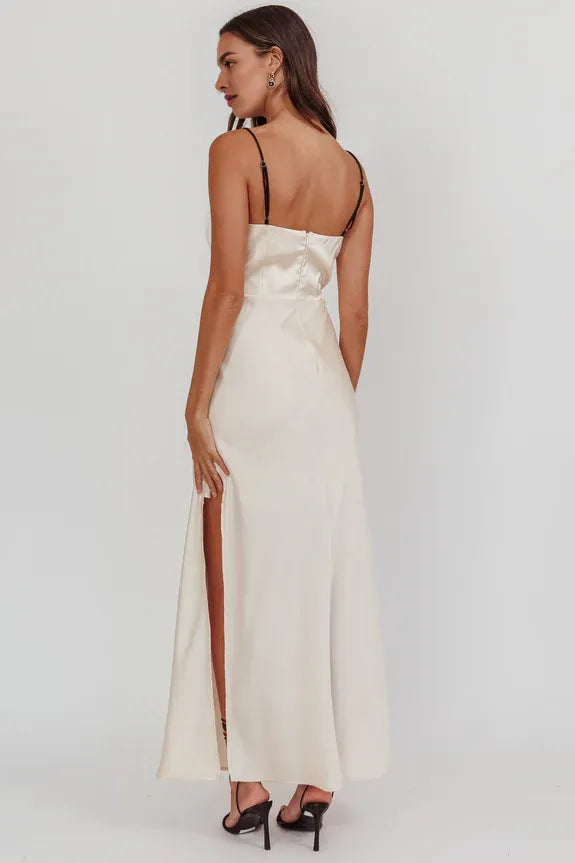 Spaghetti Straps Gathered Bow Satin Oyster Maxi Evening Dress With Side Slit