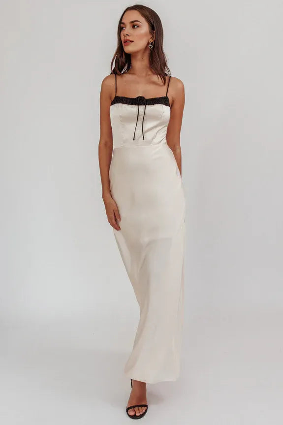 Spaghetti Straps Gathered Bow Satin Oyster Maxi Evening Dress With Side Slit