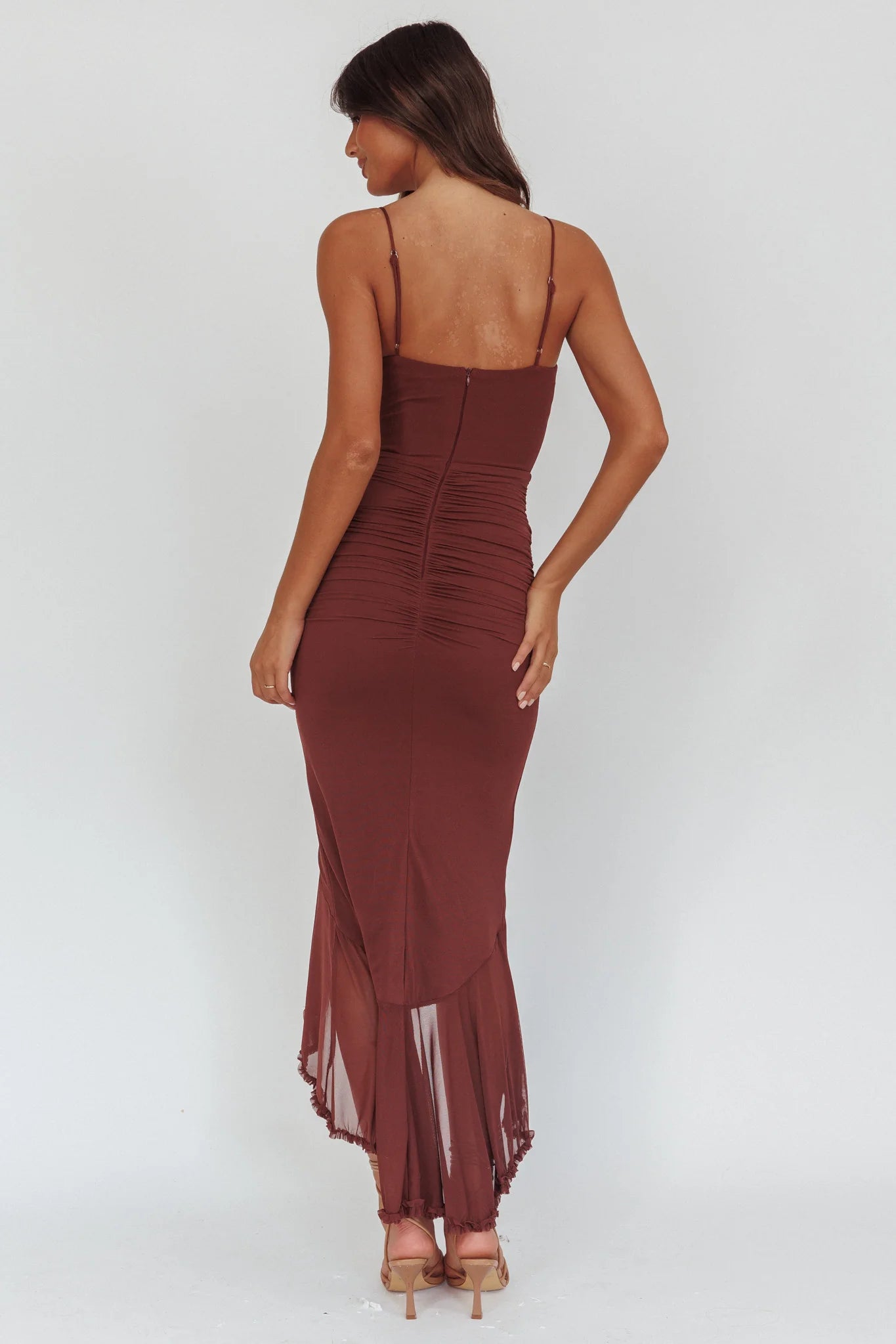 Spaghetti Straps Gathered Cascading Ruffle Mesh Butter Midi Evening Dress