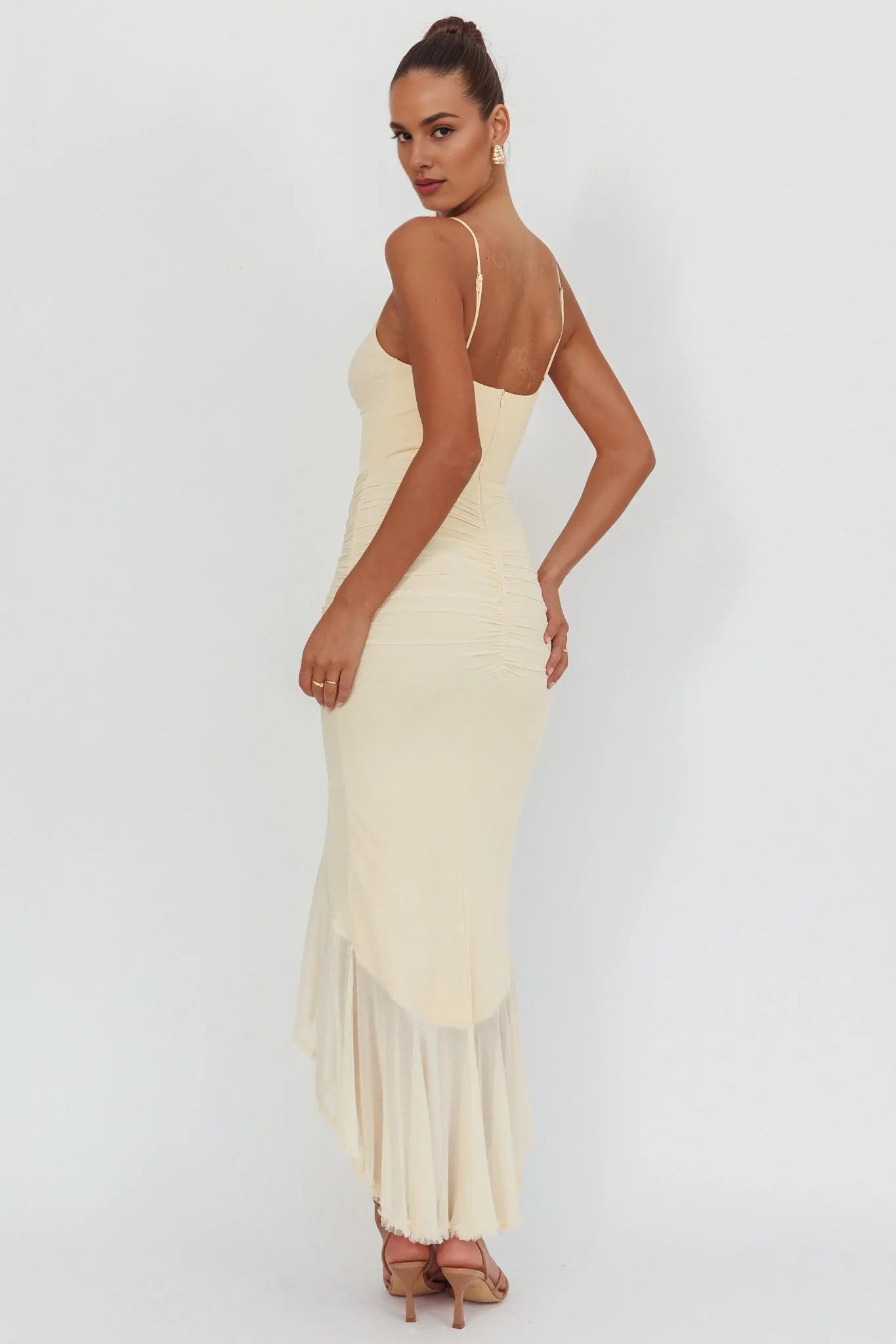 Spaghetti Straps Gathered Cascading Ruffle Mesh Butter Midi Evening Dress