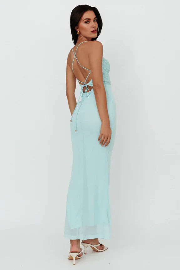 Spaghetti Straps Keyhole Lace Bodice Mesh Mint Maxi Evening Dress