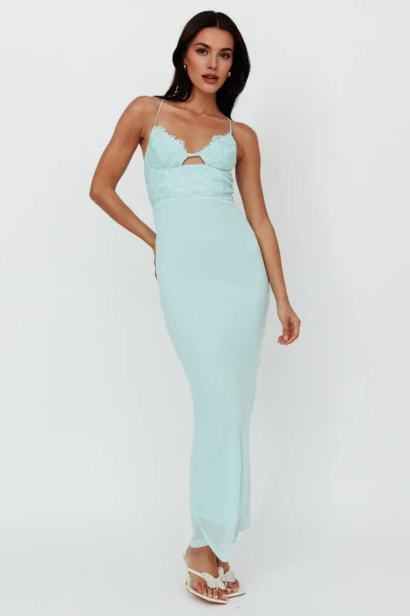 Spaghetti Straps Keyhole Lace Bodice Mesh Mint Maxi Evening Dress