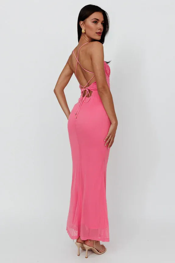 Spaghetti Straps Keyhole Lace Bodice Mesh Mint Maxi Evening Dress