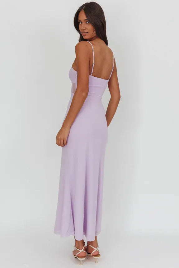 Spaghetti Straps Keyhole hollowing Sheer Bodice Lilac Maxi Prom Dress