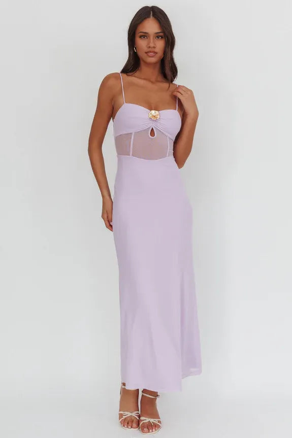 Spaghetti Straps Keyhole hollowing Sheer Bodice Lilac Maxi Prom Dress