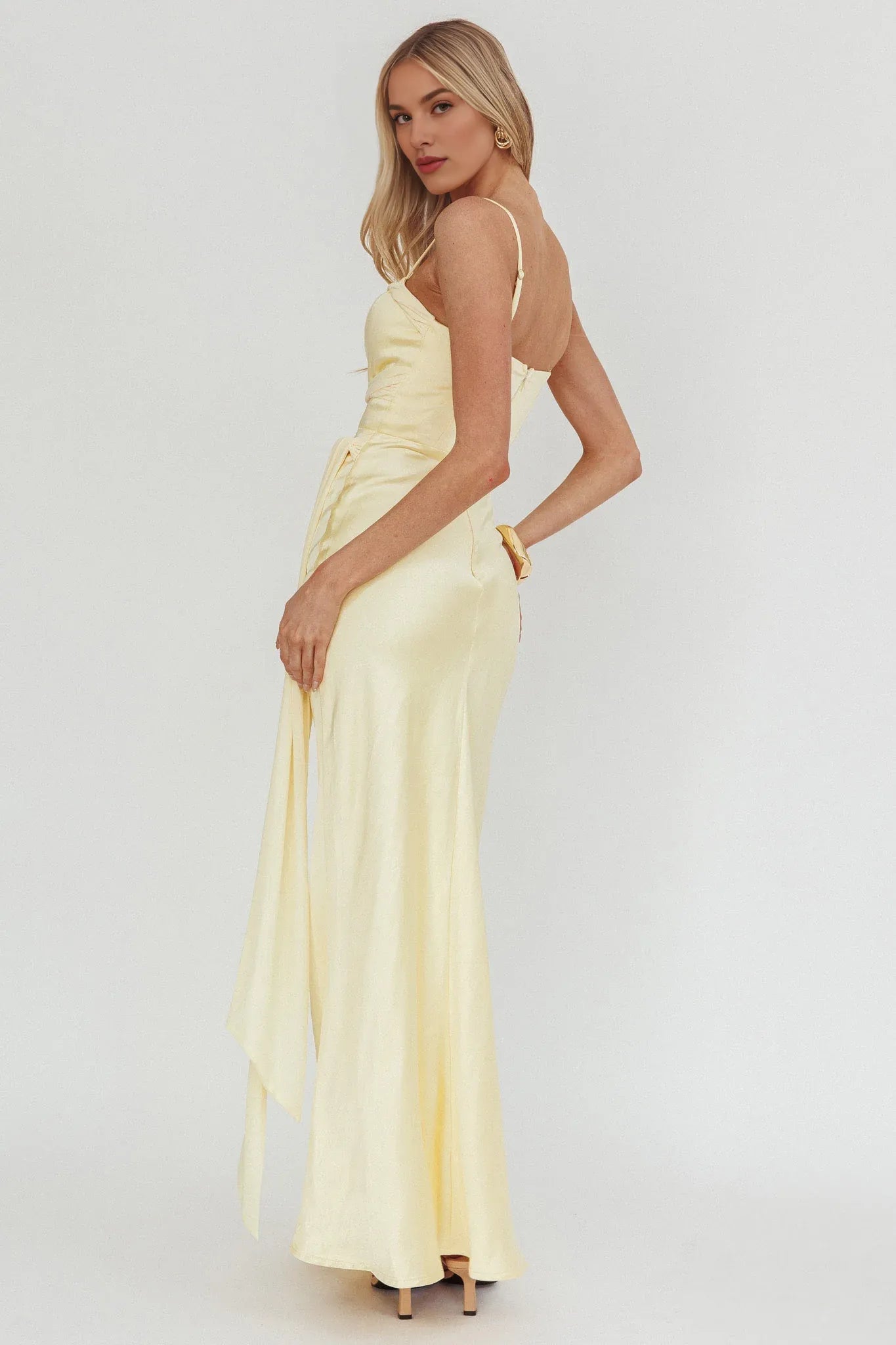 Spaghetti Straps Knot Detail Tie Mesh Satin Butter Maxi Evening Dress