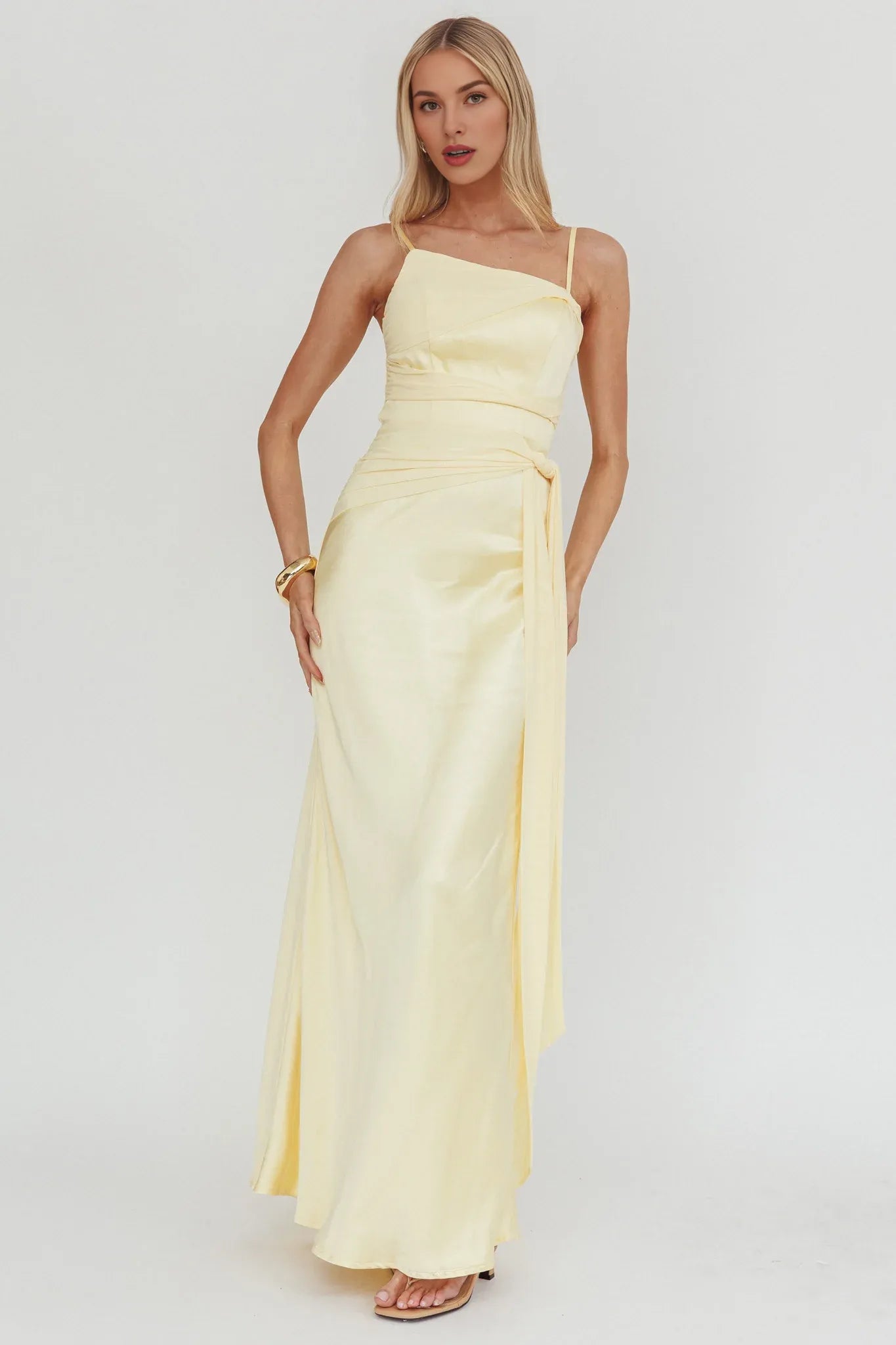 Spaghetti Straps Knot Detail Tie Mesh Satin Butter Maxi Evening Dress