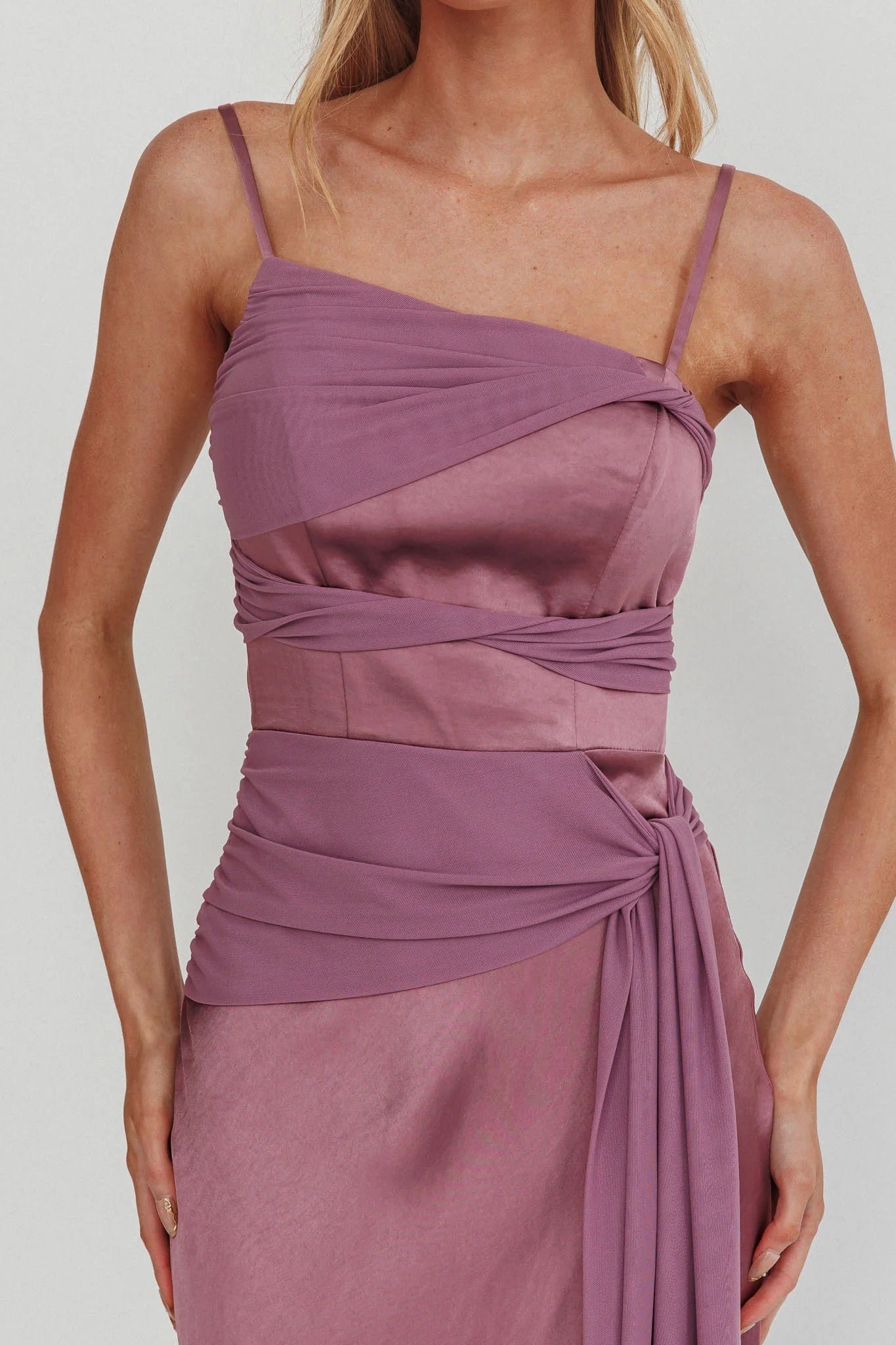 Spaghetti Straps Knot Detail Tie Mesh Satin Grape Maxi Evening Dress