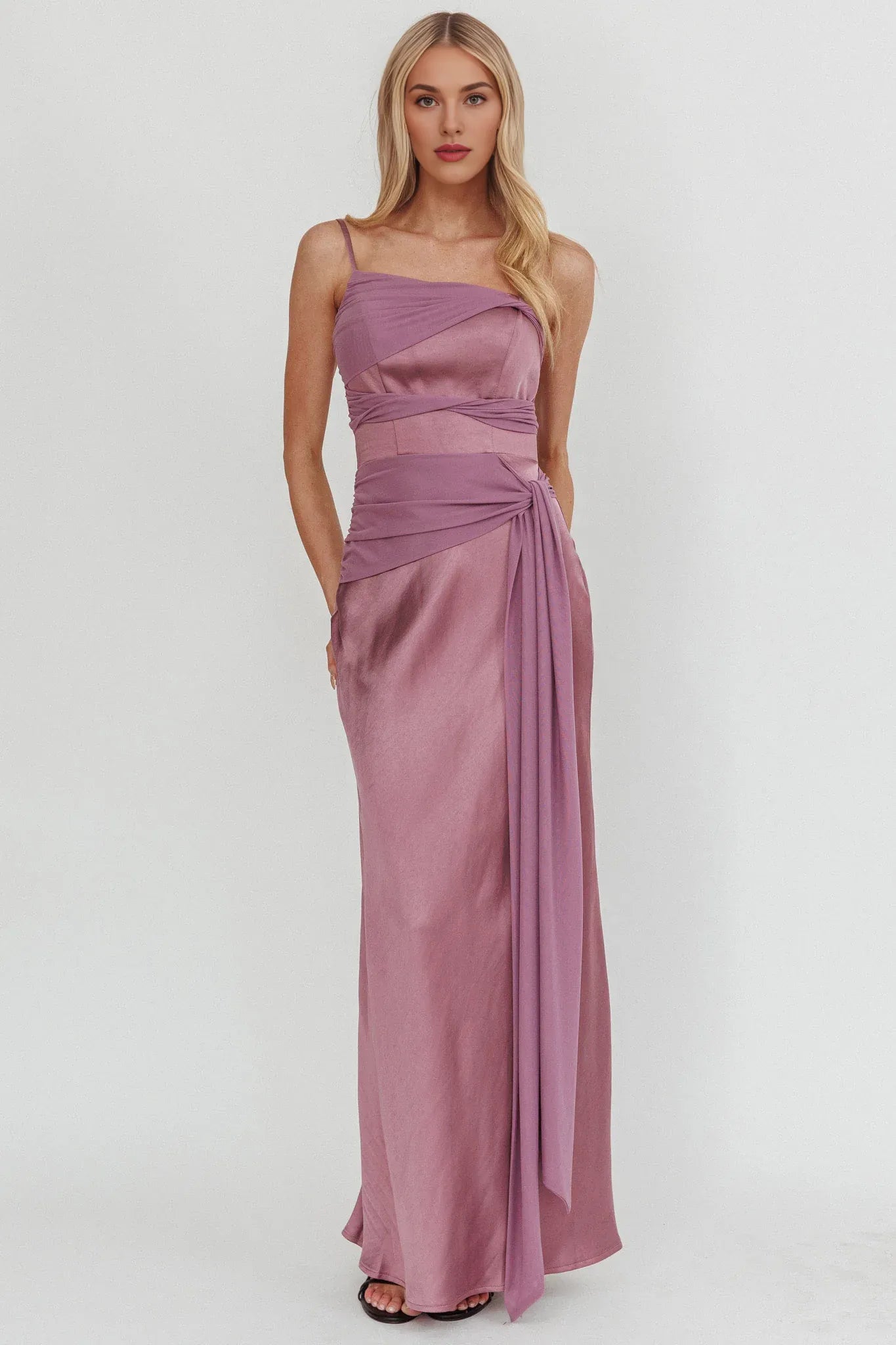 Spaghetti Straps Knot Detail Tie Mesh Satin Grape Maxi Evening Dress