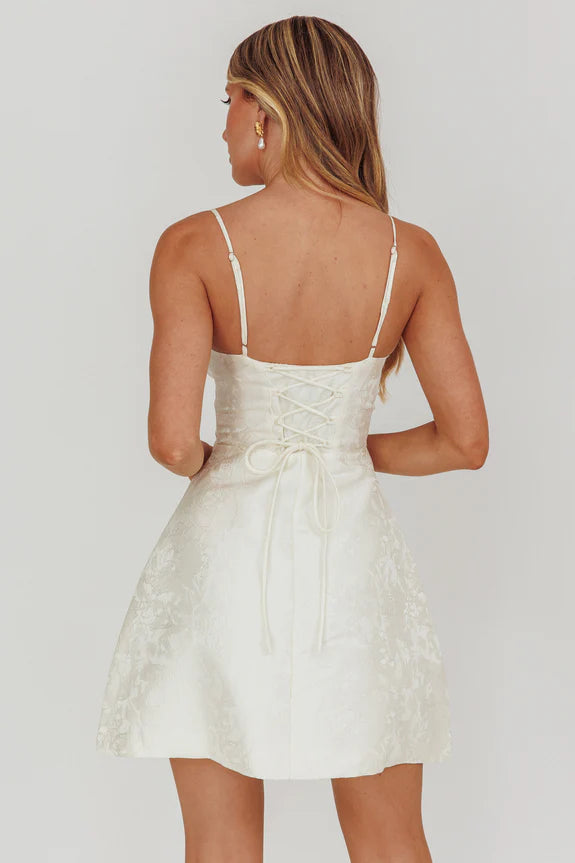 Spaghetti Straps Lace-Up Back Floral Prints Cream Mini Homecoming Dress