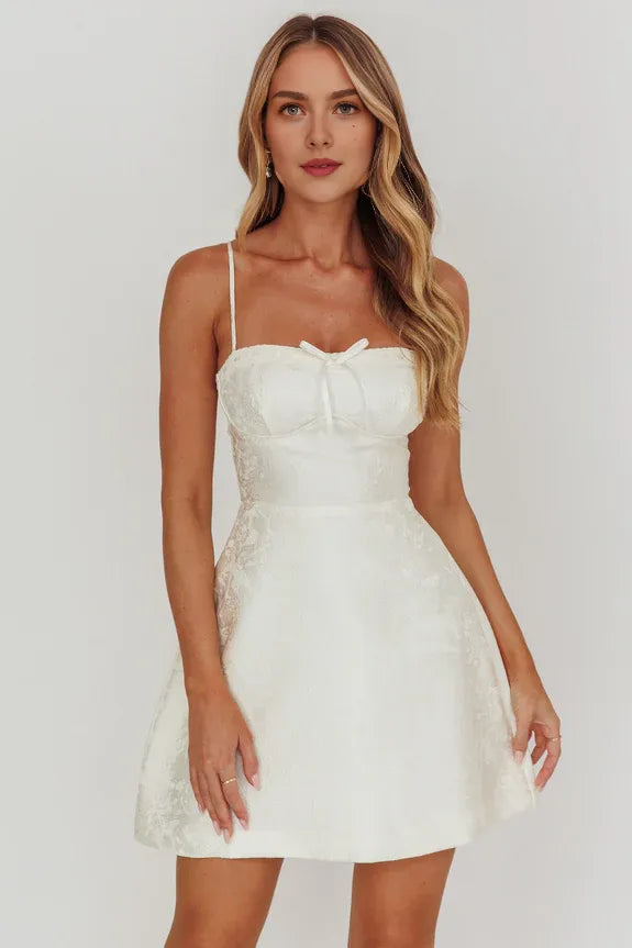 Spaghetti Straps Lace-Up Back Floral Prints Cream Mini Homecoming Dress