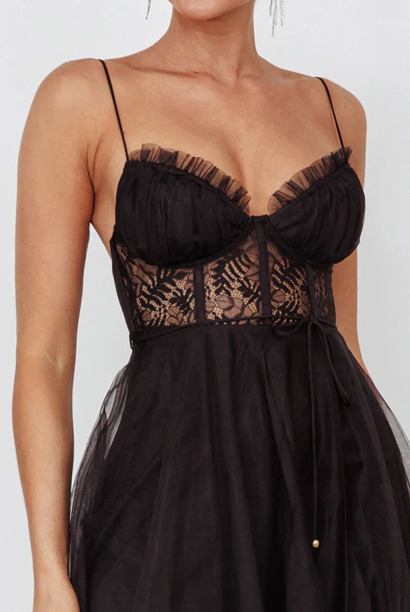 Spaghetti Straps Lace Bodice Tie Waist Mesh Black Midi Evening Dress