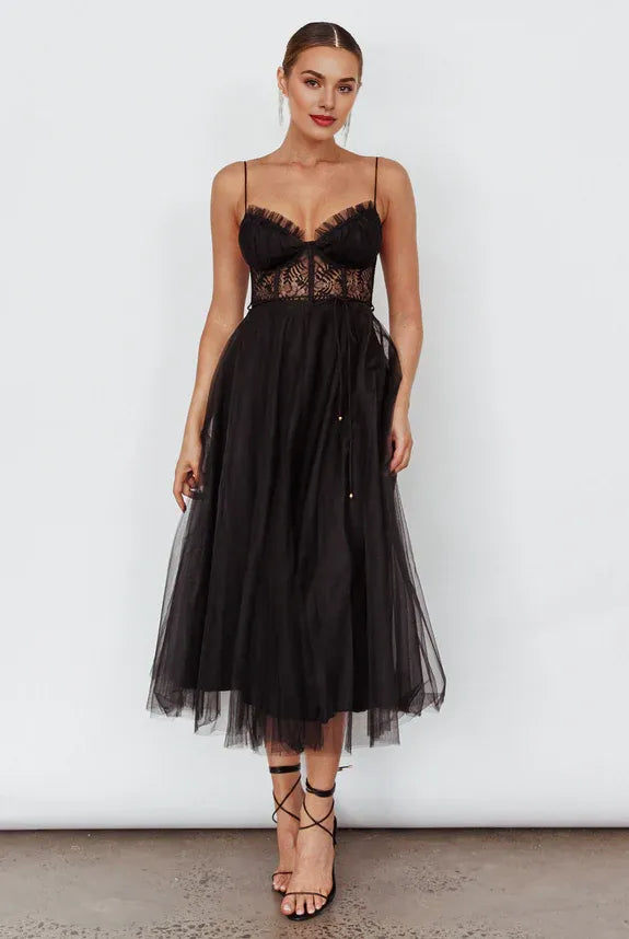 Spaghetti Straps Lace Bodice Tie Waist Mesh Black Midi Evening Dress