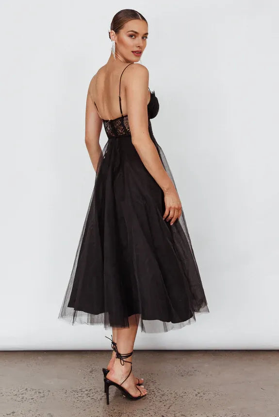 Spaghetti Straps Lace Bodice Tie Waist Mesh Black Midi Evening Dress