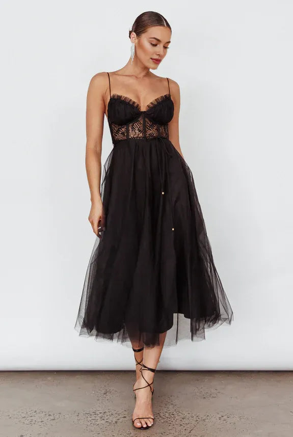 Spaghetti Straps Lace Bodice Tie Waist Mesh Black Midi Evening Dress