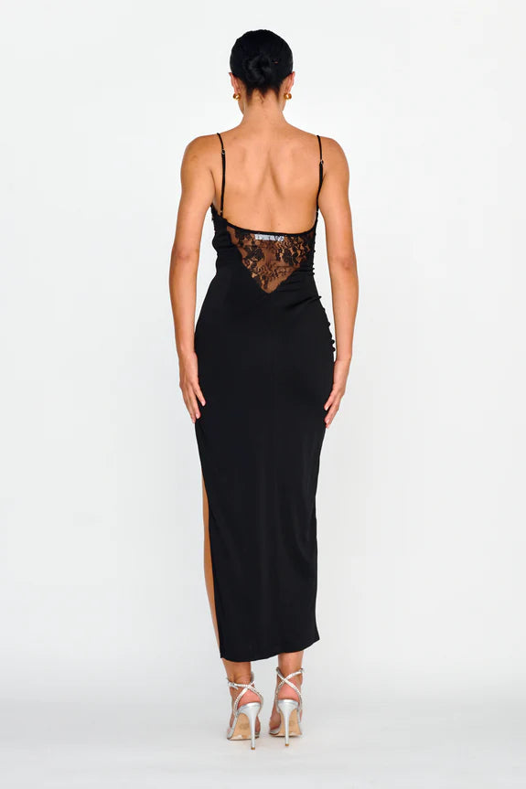 Spaghetti Straps Lace Embellished Bust Black Midi Evening Dress With Slit