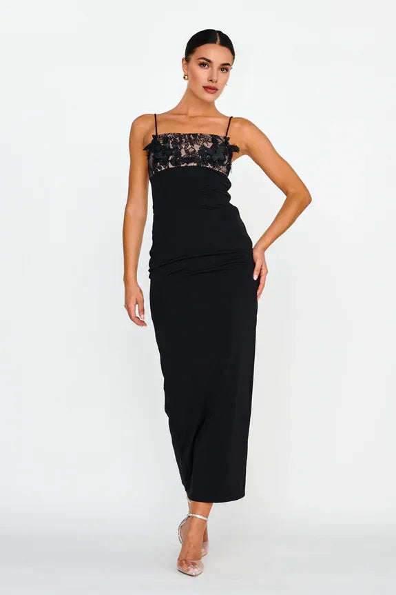 Spaghetti Straps Lace Embellished Bust Black Midi Evening Dress With Slit