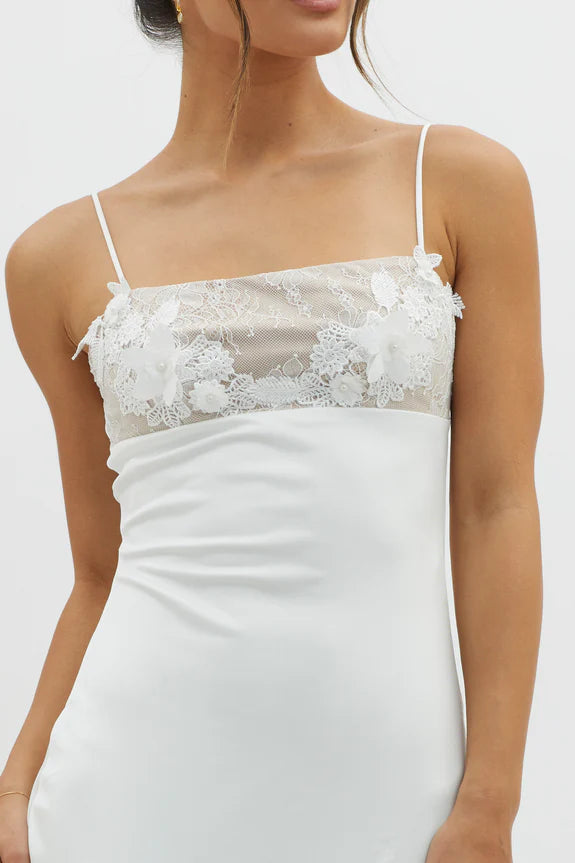 Spaghetti Straps Lace Embellished Bust White Midi Evening Dress With Slit