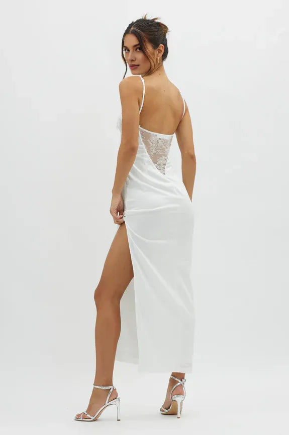 Spaghetti Straps Lace Embellished Bust White Midi Evening Dress With Slit