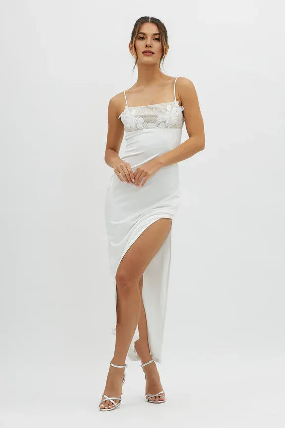 Spaghetti Straps Lace Embellished Bust White Midi Evening Dress With Slit