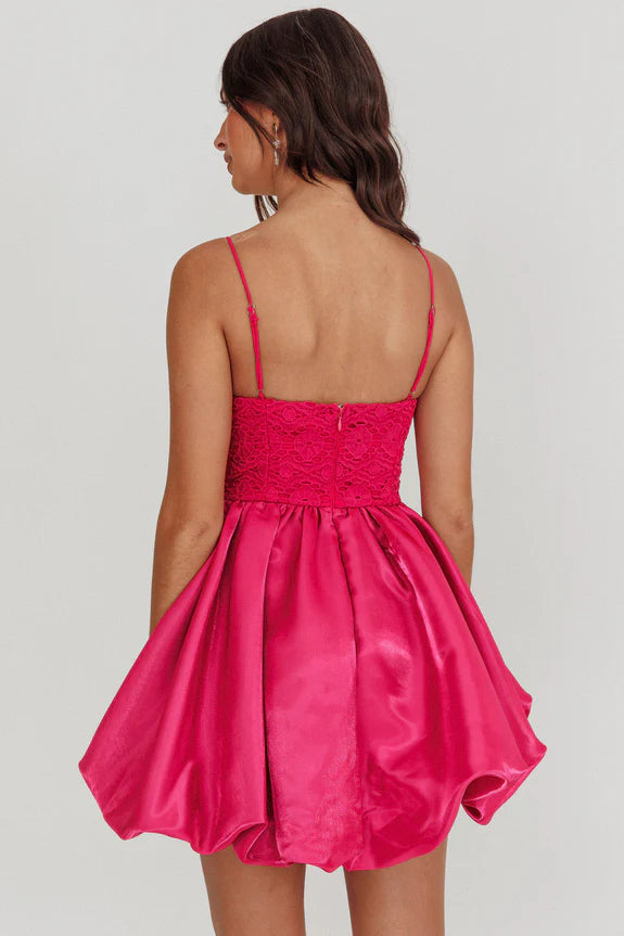 Spaghetti Straps Lace Hot Pink Mini Homecoming Dress With Bubble Skirt