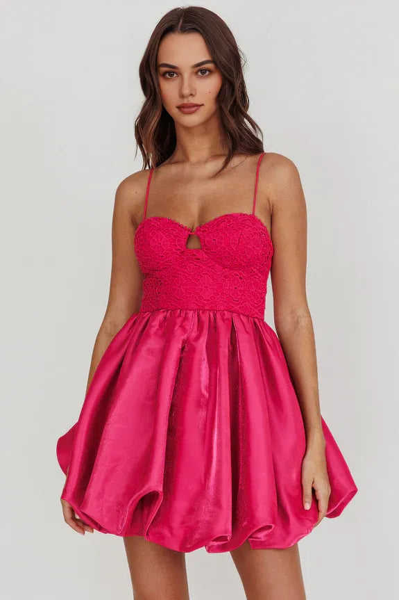 Spaghetti Straps Lace Hot Pink Mini Homecoming Dress With Bubble Skirt