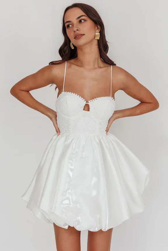 Spaghetti Straps Lace Hot White Mini Homecoming Dress With Bubble Skirt
