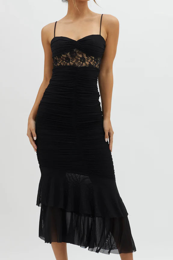 Spaghetti Straps Lace Insert Ruched Tiered Mesh Black Midi Evening Dress